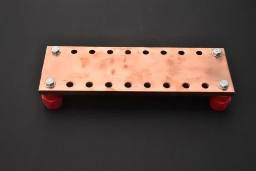 100x10mm copper earth plate, 10.5mm fixing holes, the earth plate is mounted on insulators fixed by stainless steel screw